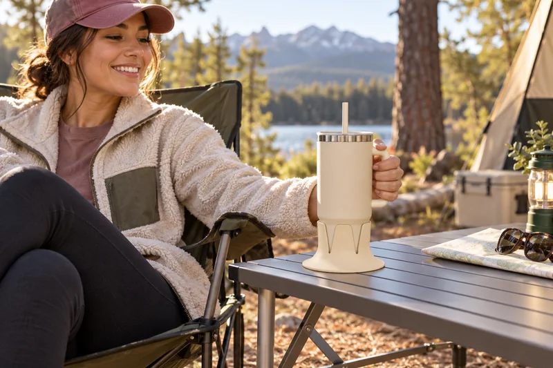 Camper seated in folding camp chair coffee on rigid level camp side table at arm height. AI lifestyle illustration.