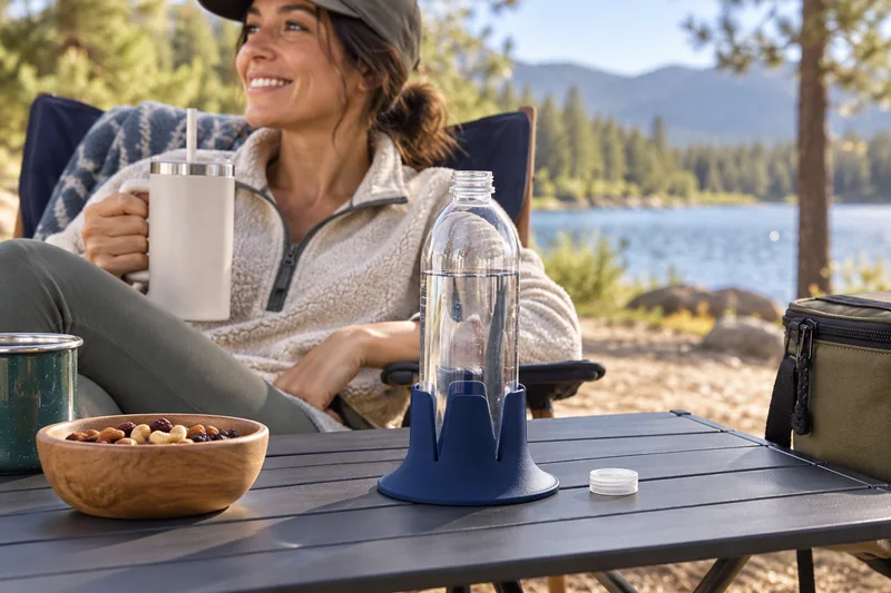 Adult resting in low camp chair water on broad level folding table outdoors. AI lifestyle illustration.