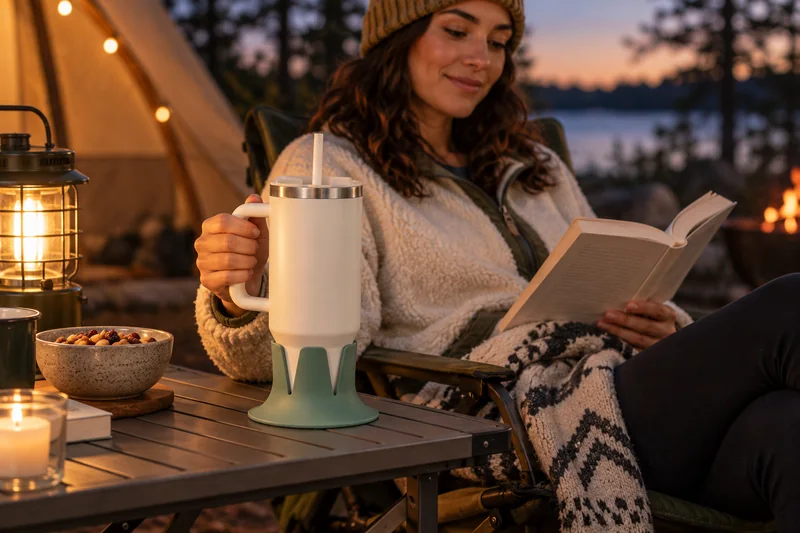 Evening campsite reader in camp chair straw tumbler on separate stable table away from lantern and cooking. AI lifestyle illustration.