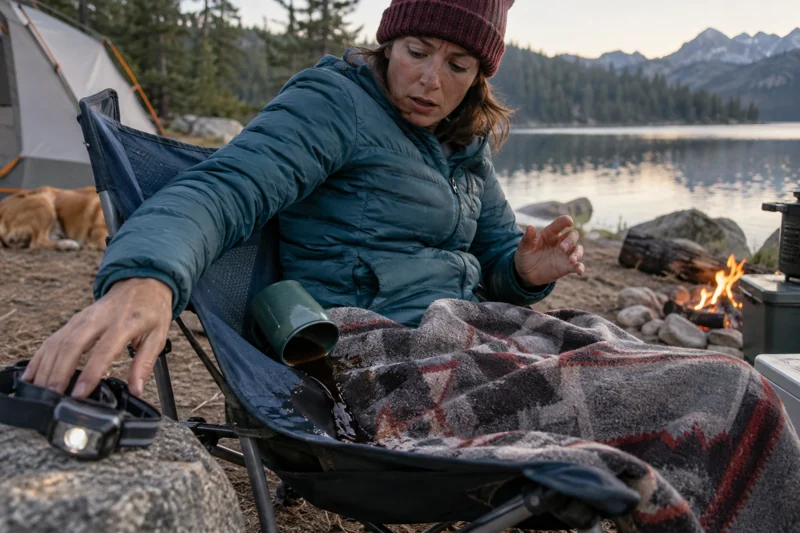 Reaching for headlamp catches coffee; it wets chair fabric and lap blanket. AI illustration.